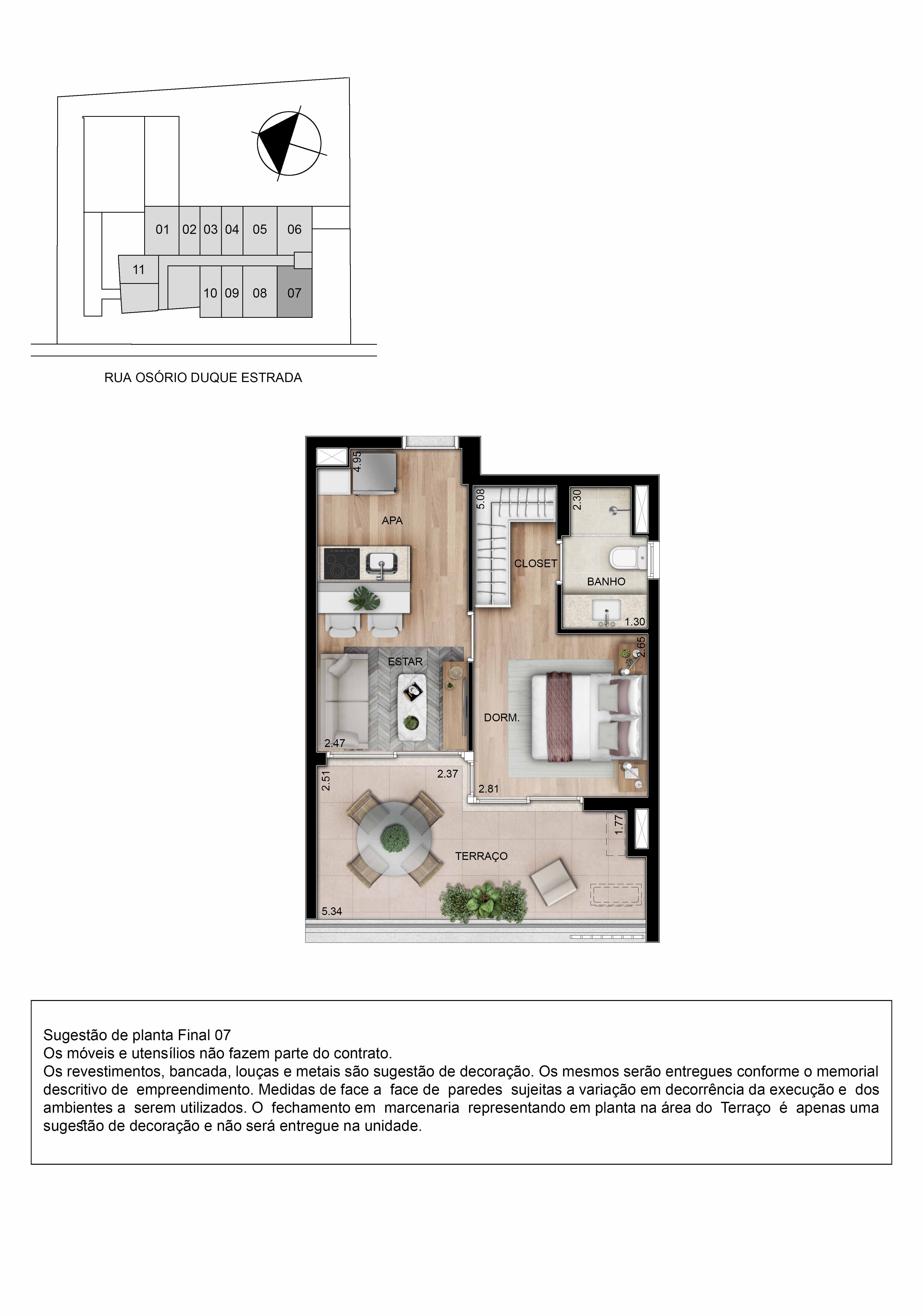 Planta oficial ilustrativa de 44 m² do Zahle Jardins