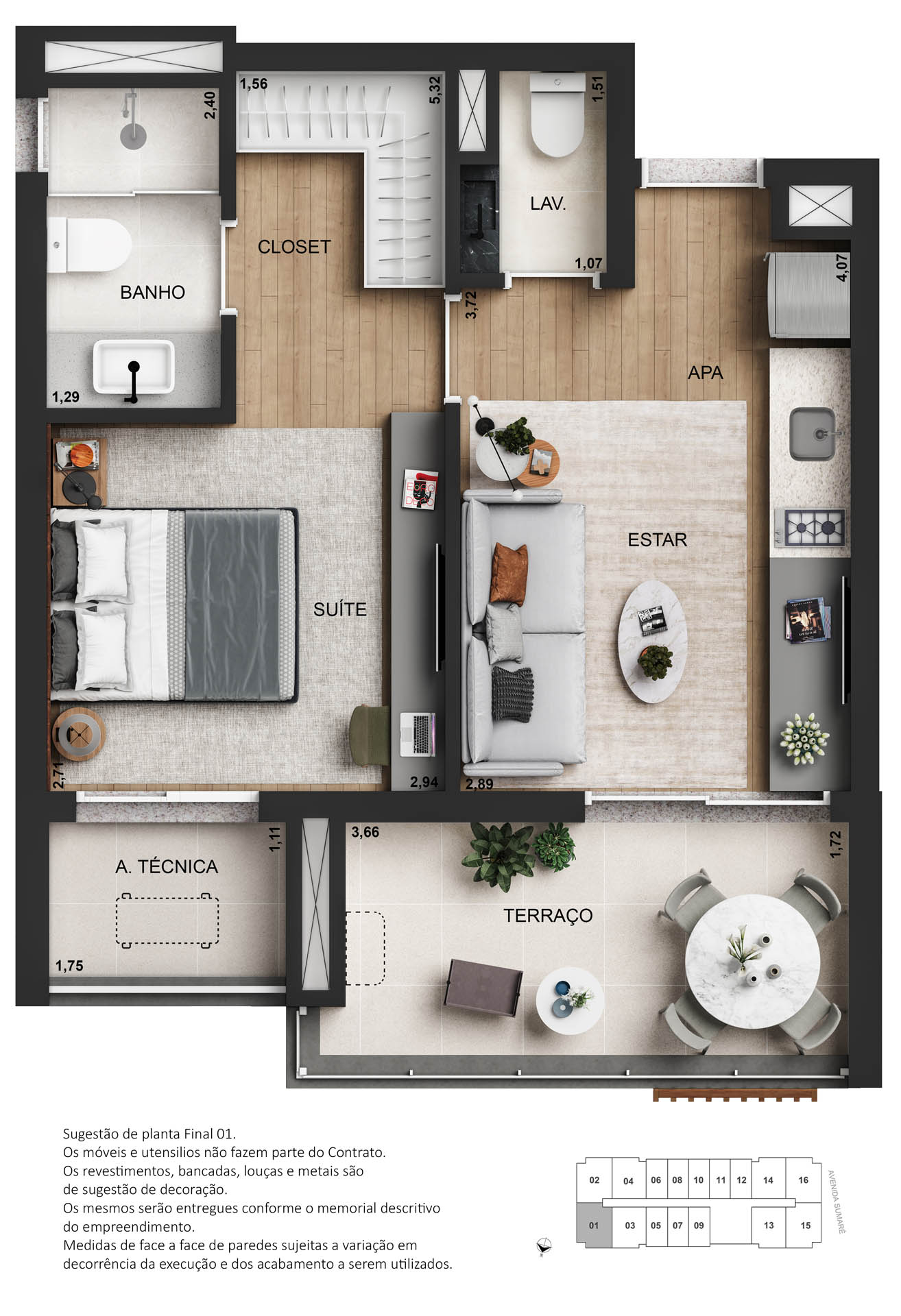 Planta oficial ilustrativa de 45 m² do Soma Perdizes