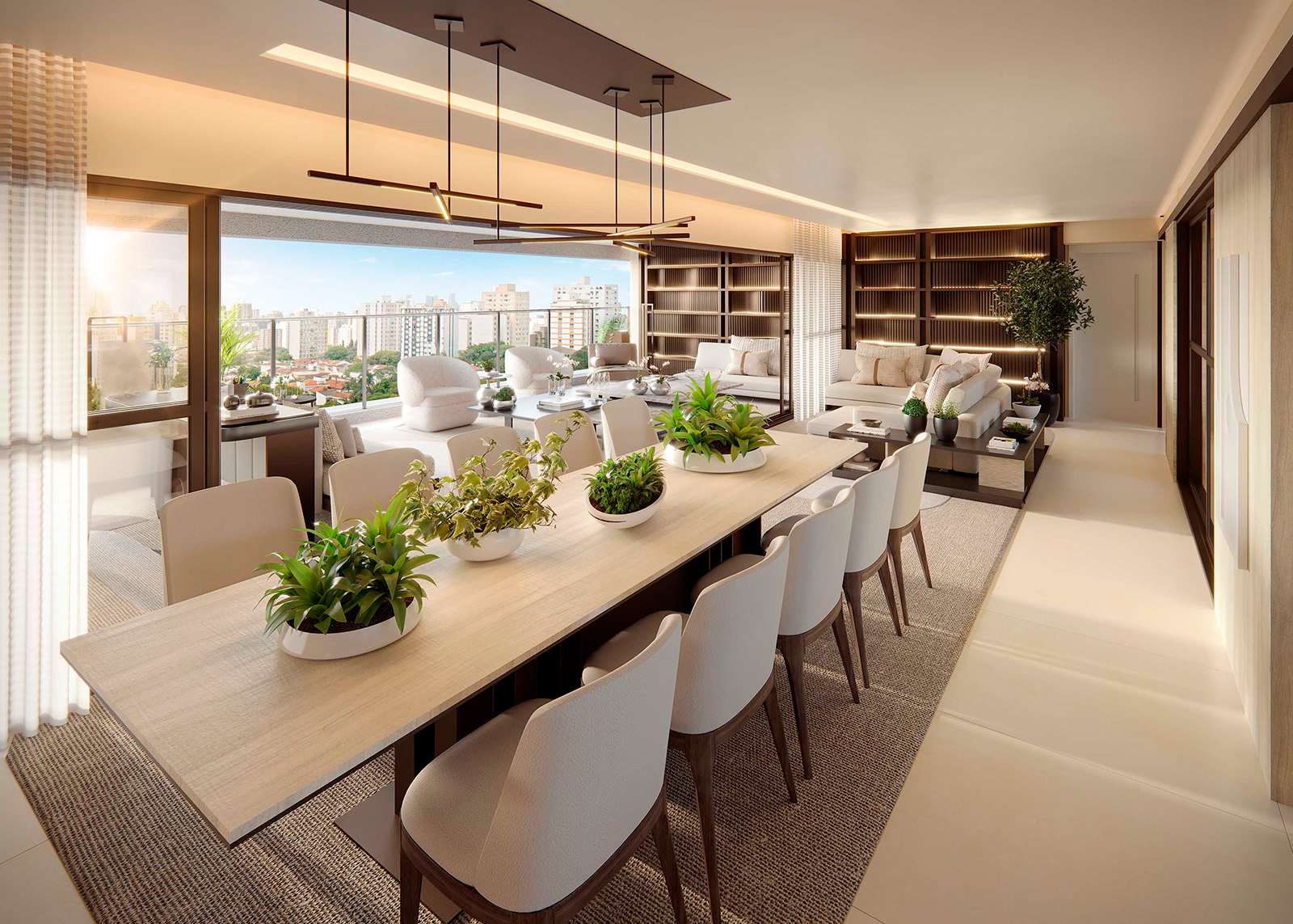 Perspectiva de living decorado do empreendimento Ampère Brooklin, com área social e aberturas para o exterior