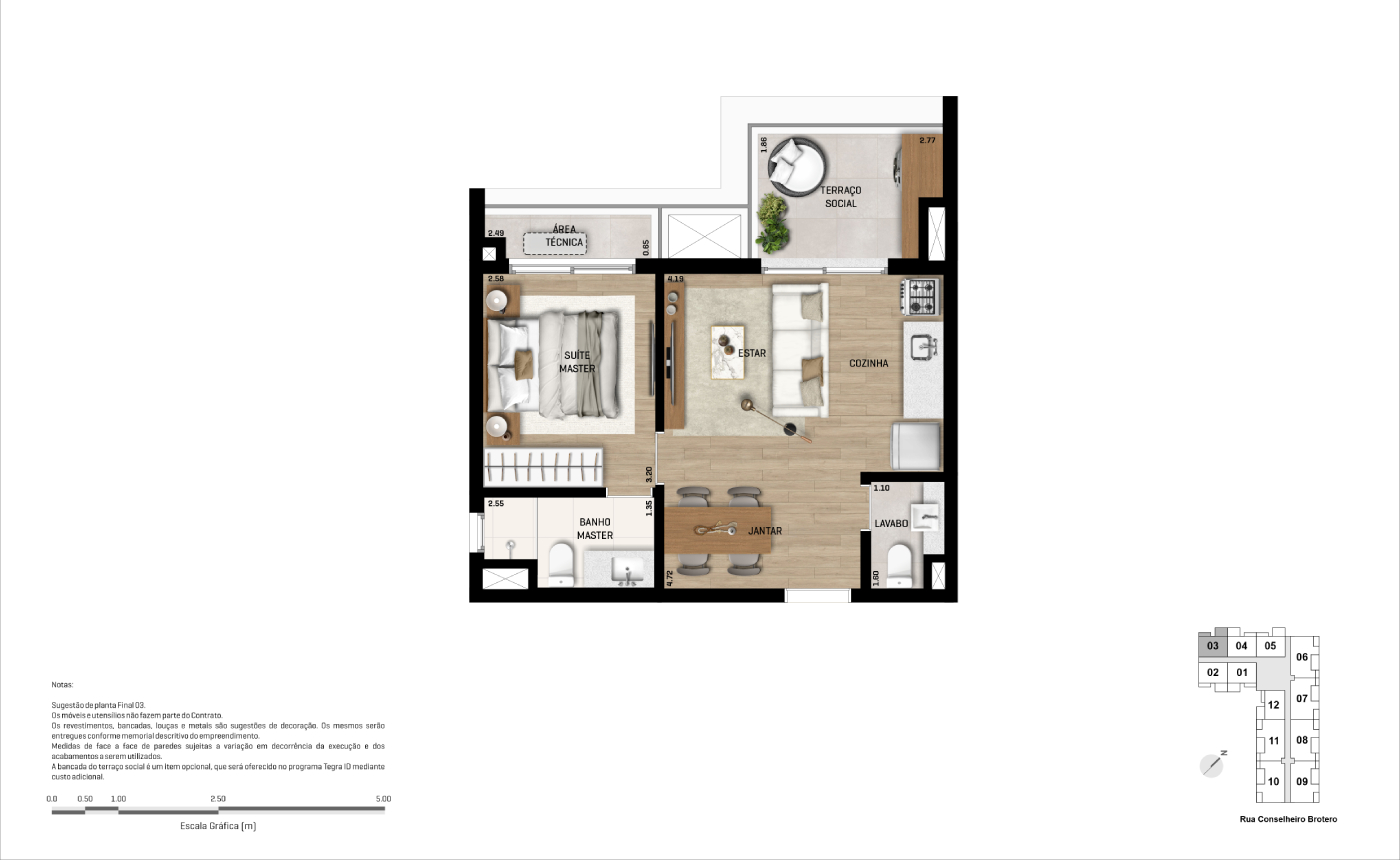 Planta oficial ilustrativa de 46 m² do Mozae Higienópolis
